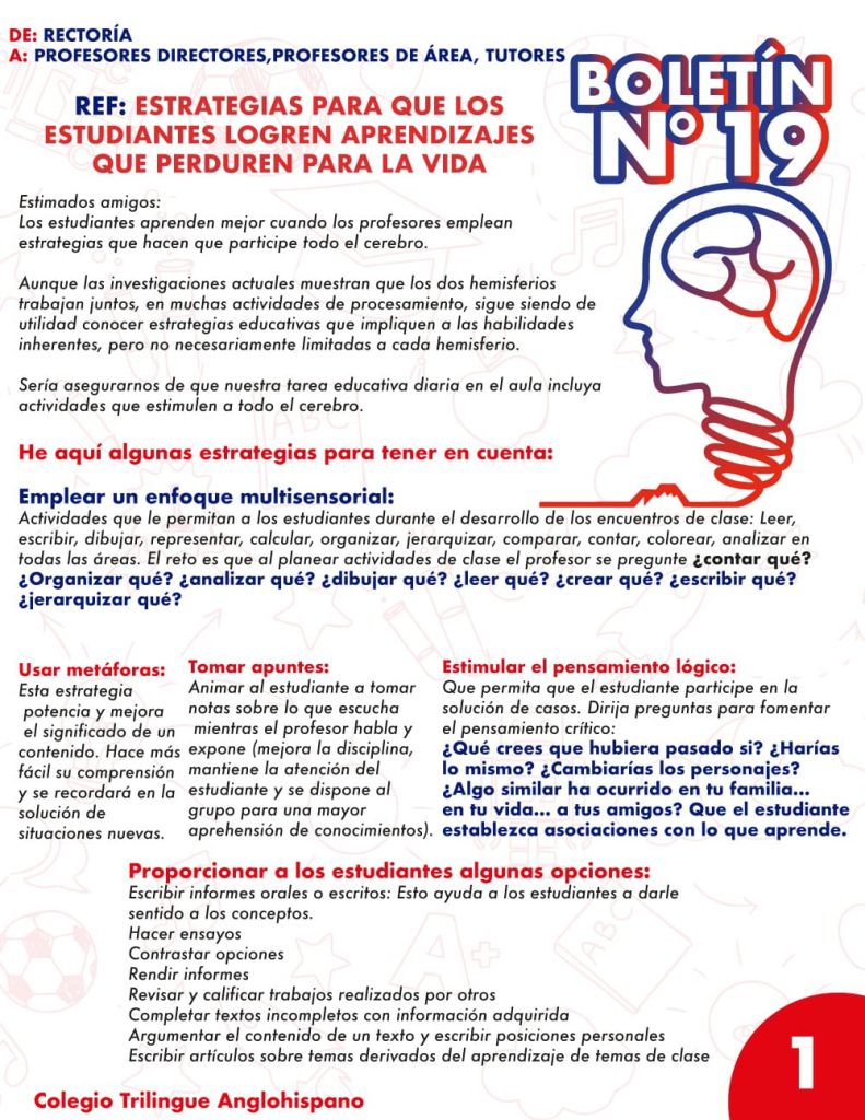Boletín No 19 - Estrategias para que los estudiantes logren aprendizajes que perduren para la vida