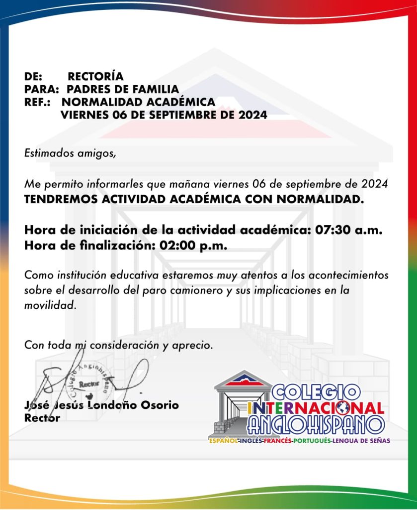 Comunicado de normalidad académica el viernes 6 de septiembre de 2024