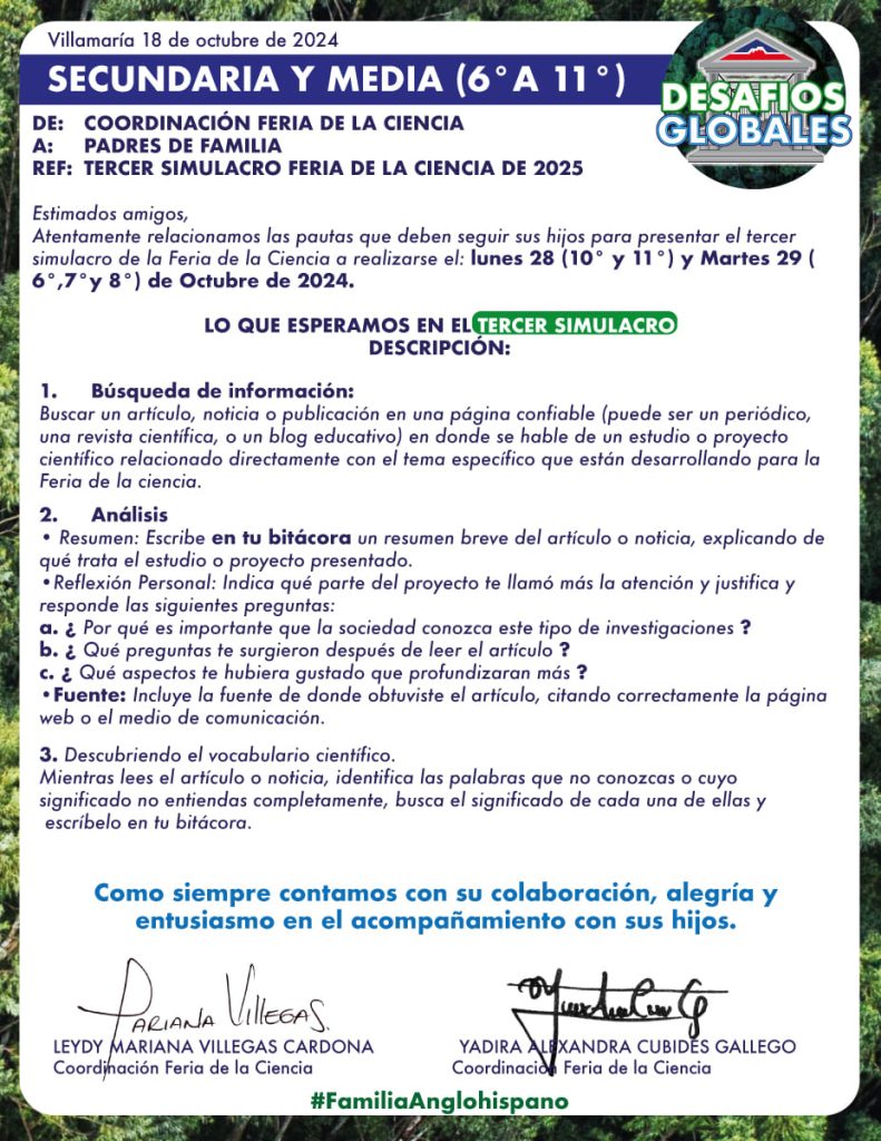Indicaciones tercer simulacro Feria de la Ciencia 2024