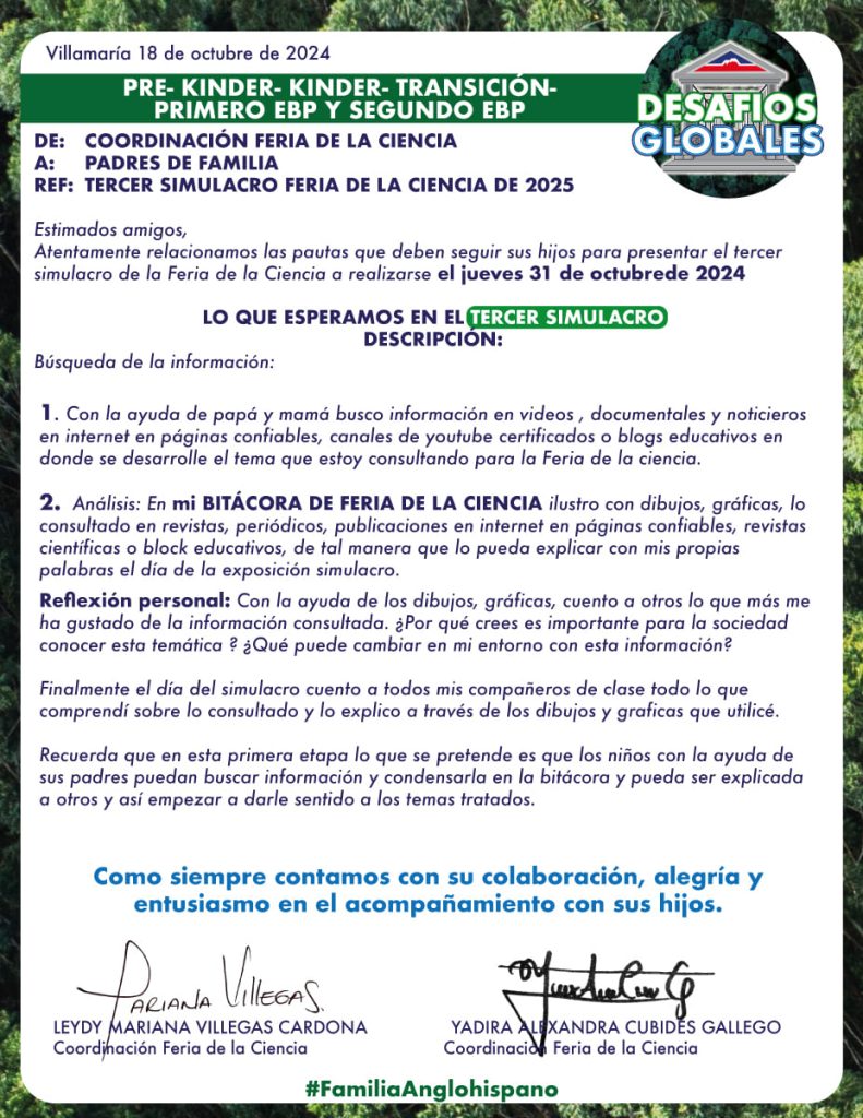 Indicaciones tercer simulacro Feria de la Ciencia 2024